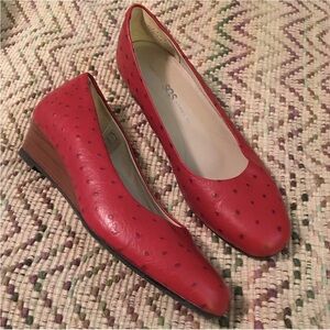 SAS Sofia Red Ostrich Leather Wedge Shoes